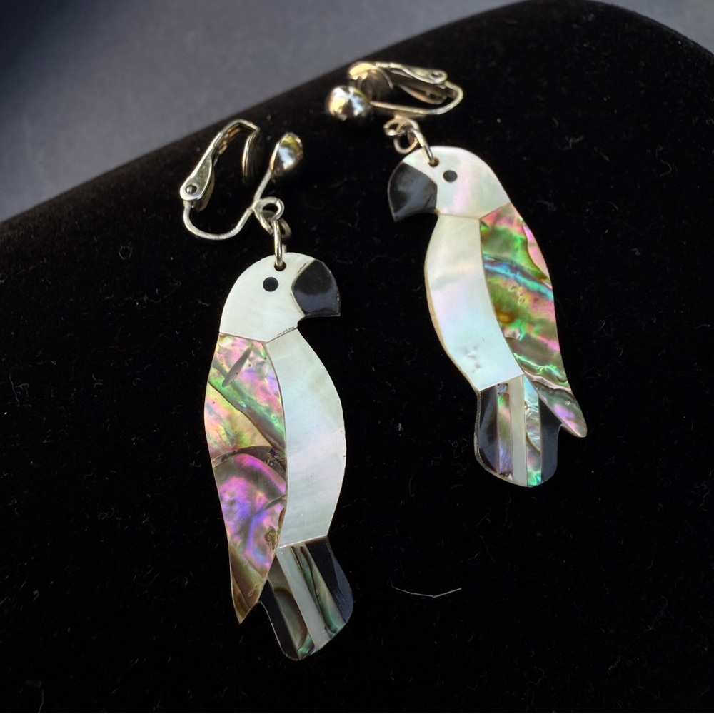 Vintage Parrot Clip On Earrings Made of Mother of Pearl and Abalone Shell